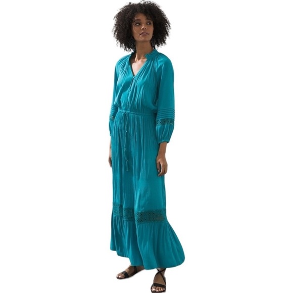 Chico’s Crochet Detail Ruffle Maxi Dress Blue - Picture 4 of 10